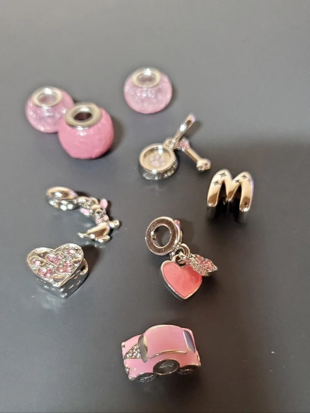 Lot of 9 Brand New Pink & Silver Tone European Charm Bead Dangles & Spacers